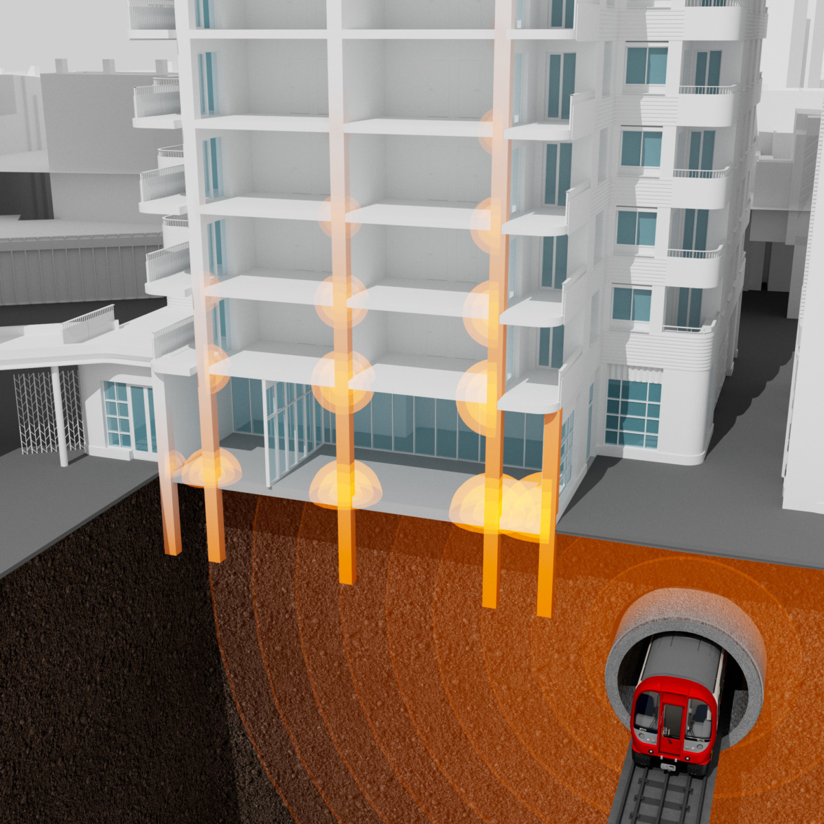 A diagram of a building showing how it vibrates when a tube train passes underneath it.