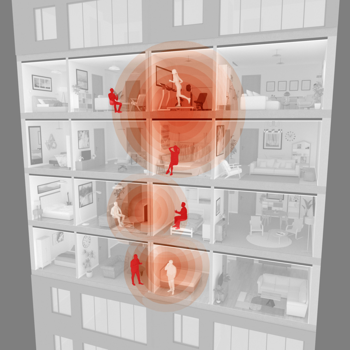 A diagram of a block of flats with people in them, some making noise